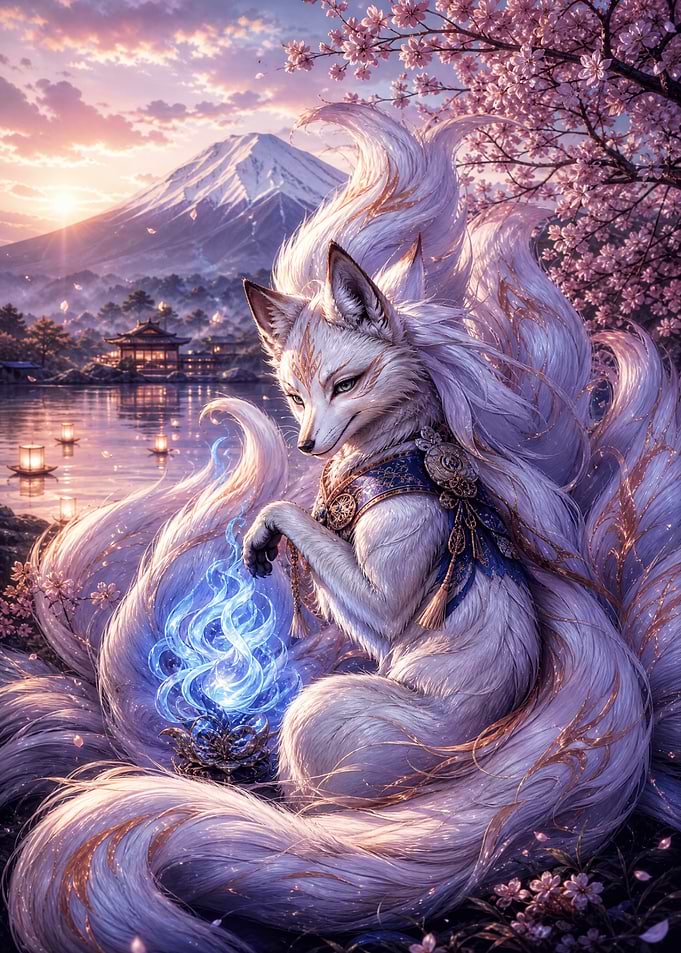 Mystical Nine-Tailed Fox by Mount Fuji