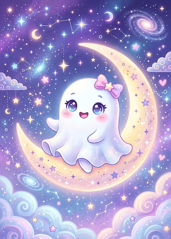 Cute Ghost Sitting on Crescent Moon