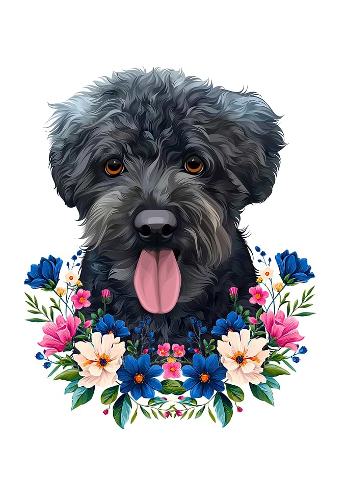 Black Dog Portrait with Floral Wreath