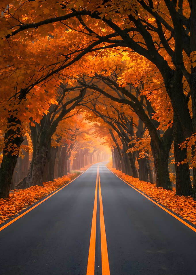 Autumn Road Through Golden Trees