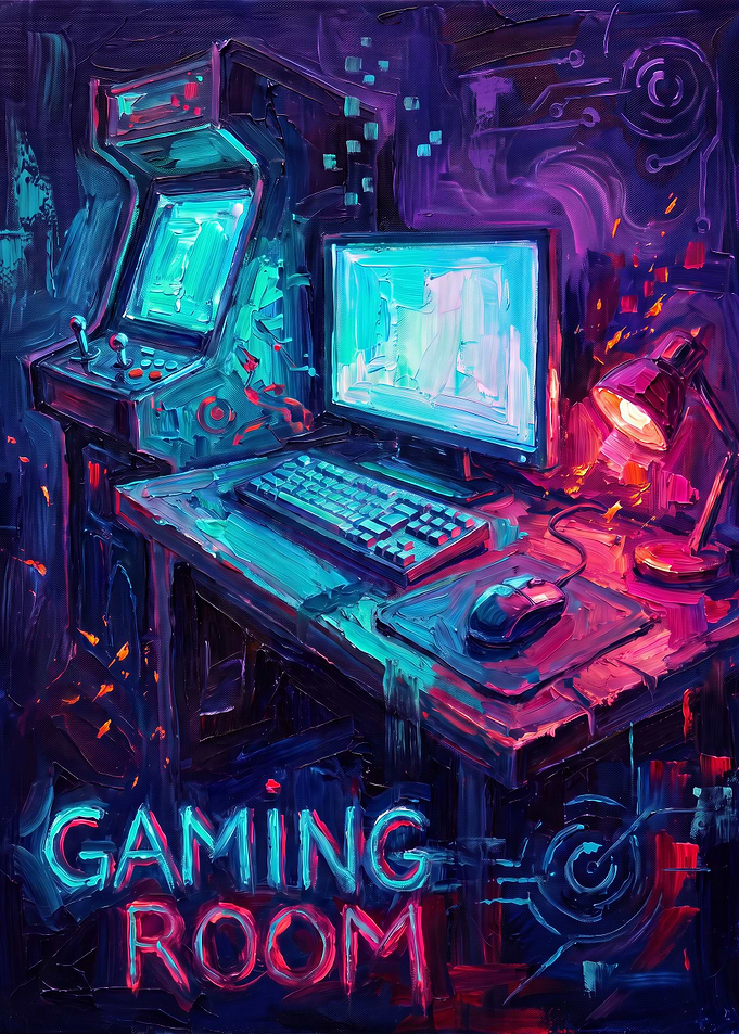 Vibrant Neon Gaming Room Oil Painting
