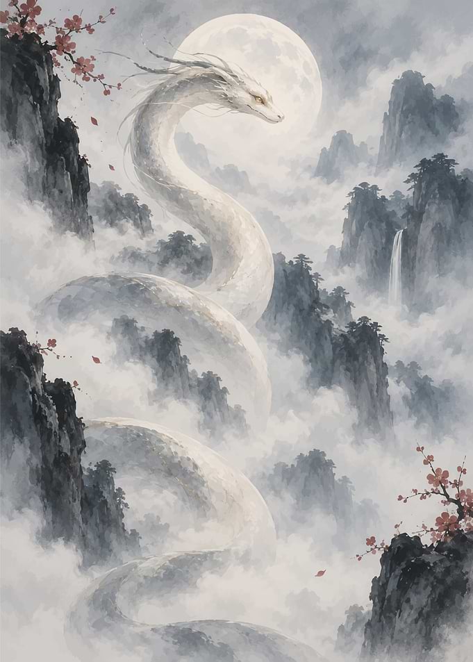 White Dragon in Misty Mountains