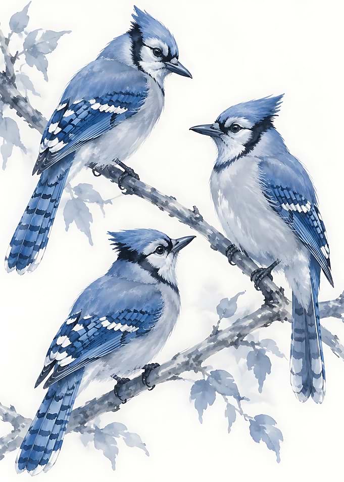 Three Blue Jays on a Branch