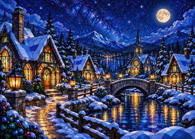Enchanted Winter Village Under Starlit Sky