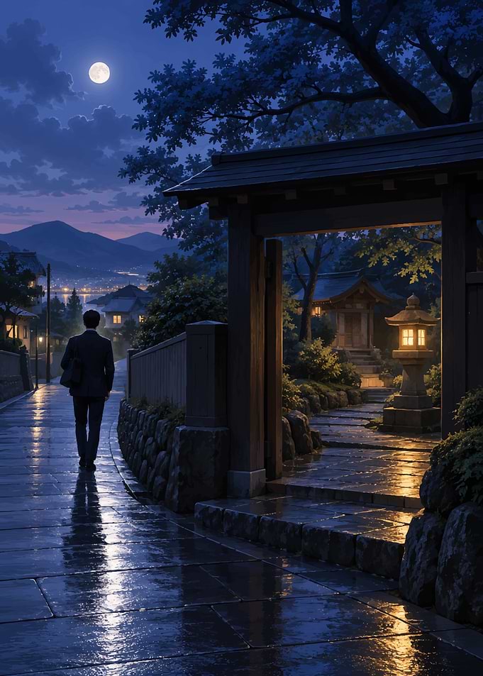 Man Walking Home in Japanese Night