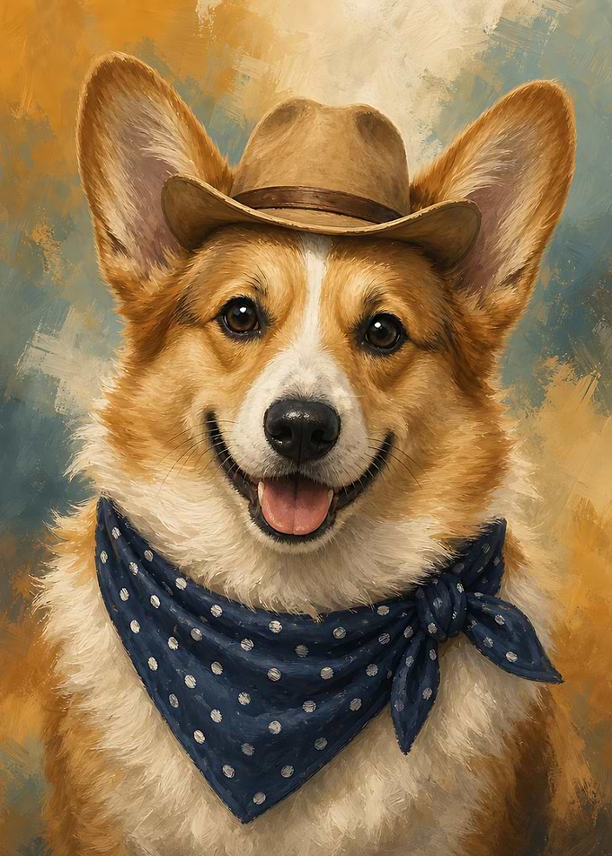 Corgi Wall Art — Little Cowboy Portrait with Painted Background