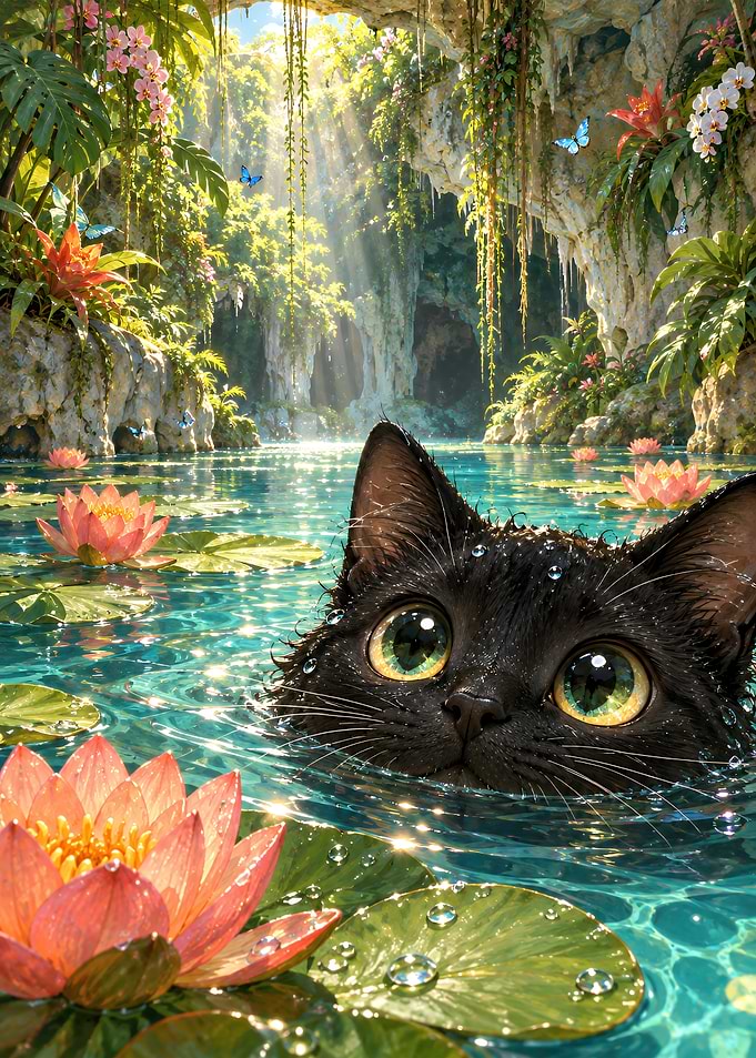 Black Cat Swimming in Magical Pond