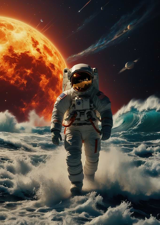 Astronaut Walking Through Cosmic Ocean