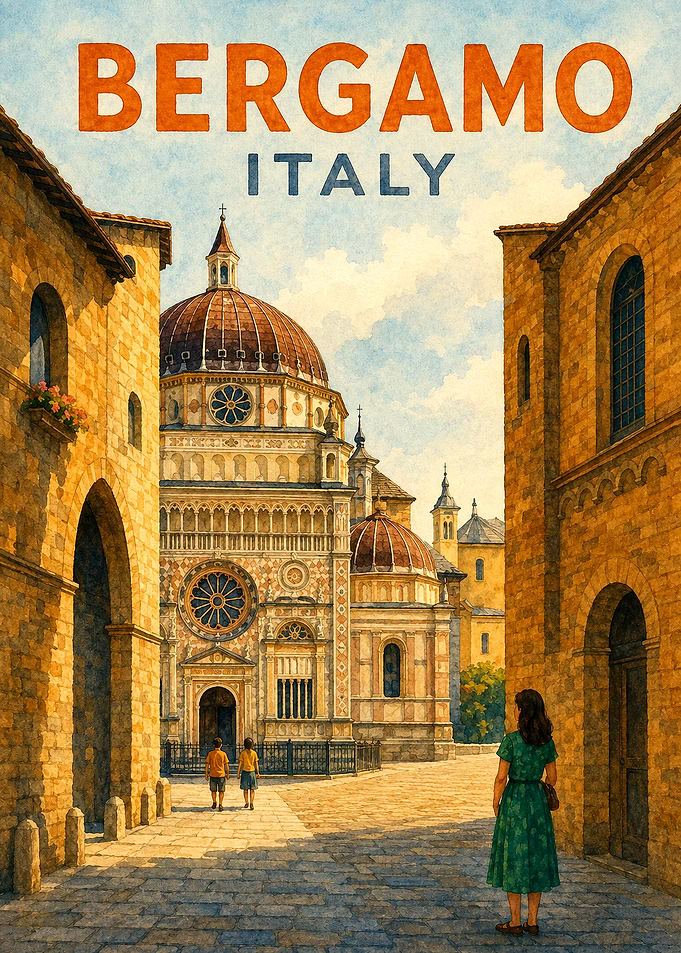 Bergamo Italy Vintage Travel Poster | Watercolor Città Alta Cathedral Wall Art