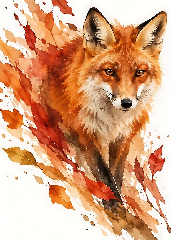 Watercolor Fox with Autumn Leaves