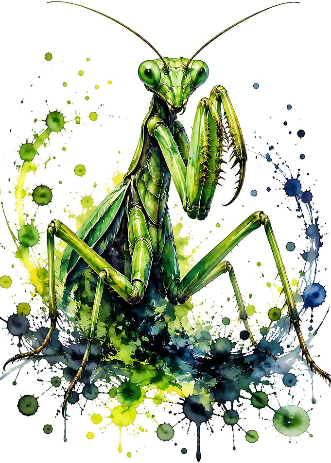 Vibrant Watercolor Praying Mantis Illustration