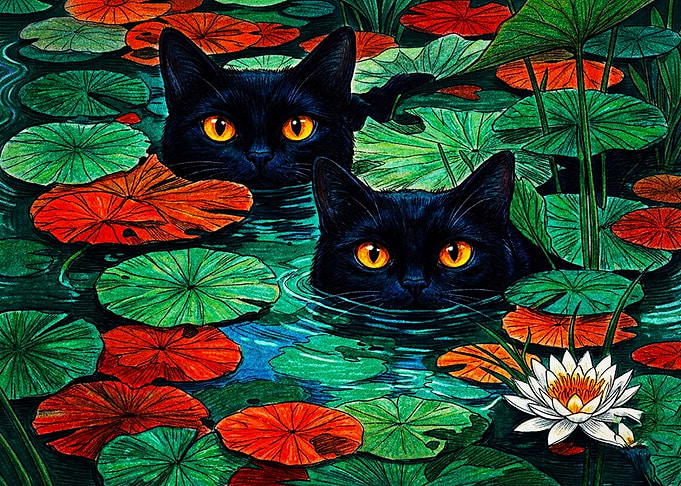 Two Black Cats in Lily Pond