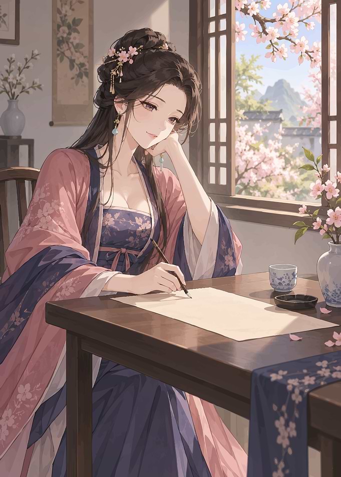 Elegant Woman Writing in Traditional Attire