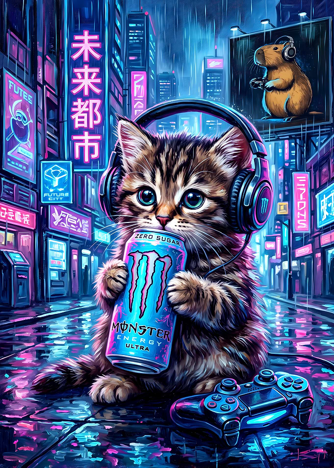 Cyberpunk Kitten Gaming with Monster Energy