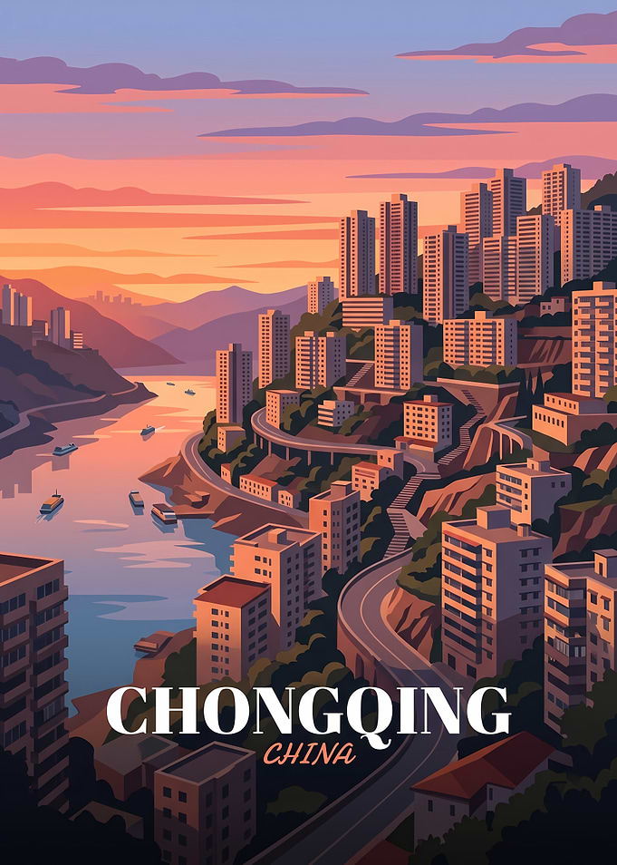 Chongqing China Sunset Travel Poster