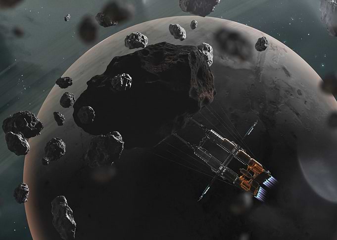Space Mining Ship Towing Asteroid