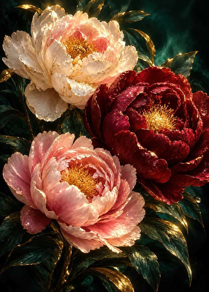 Elegant Trio of Dewy Peonies