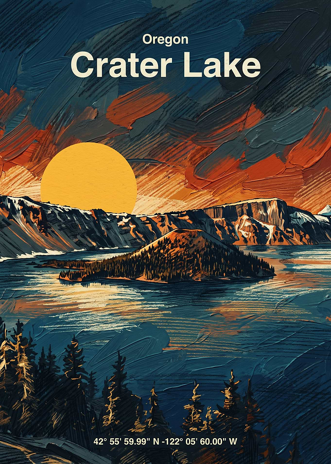 Crater Lake Oregon Travel Poster Oil Painting