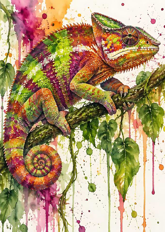 Vibrant Watercolor Chameleon on Branch
