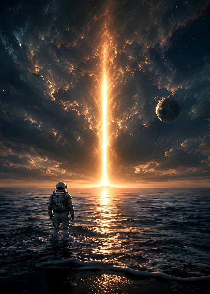 Astronaut Standing in Ocean Under Beam