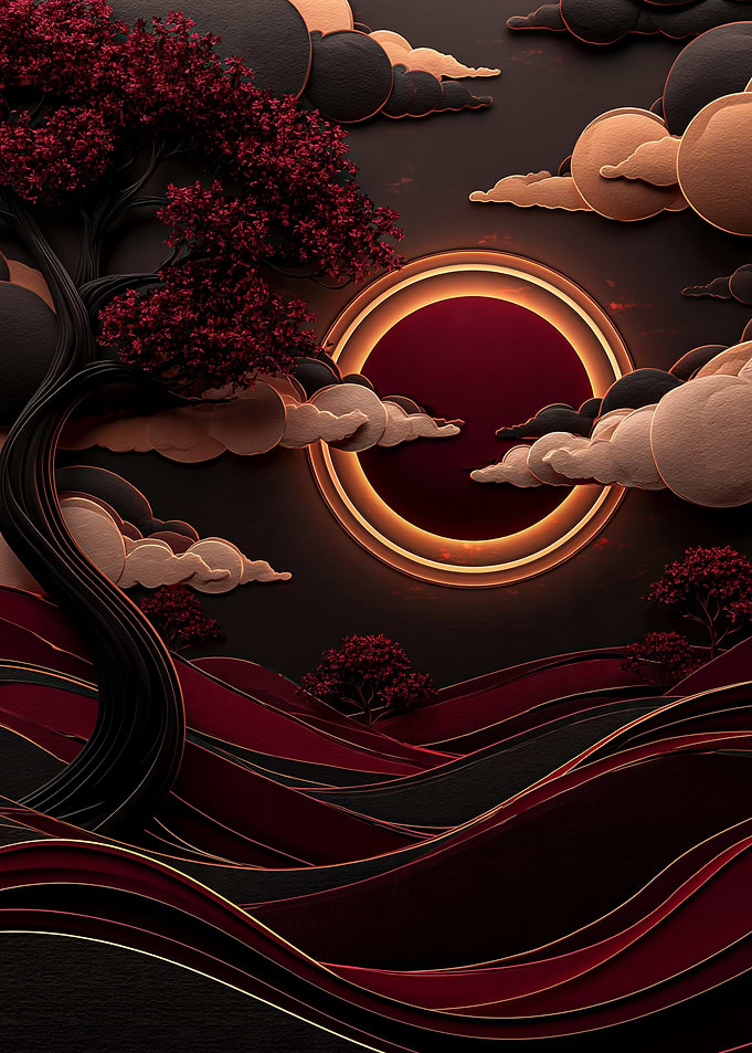 Stylized Japanese Red and Black Landscape