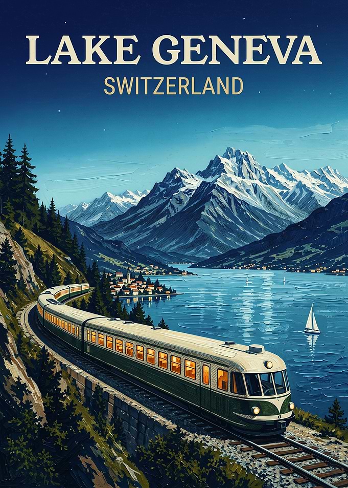 Lake Geneva Switzerland Travel Train Vintage Poster Art