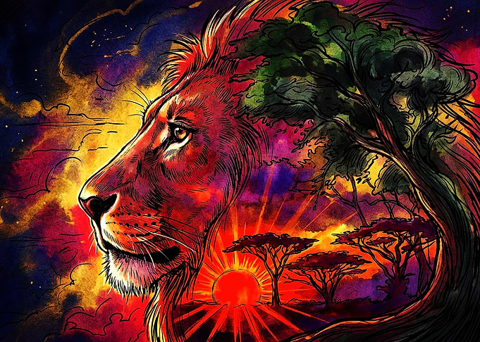 Vibrant Lion Silhouette African Sunset Art