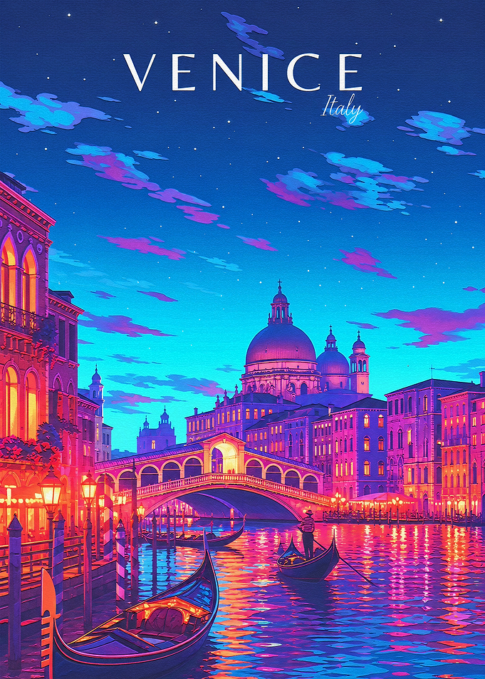 Vibrant Venice Italy Night Travel Poster