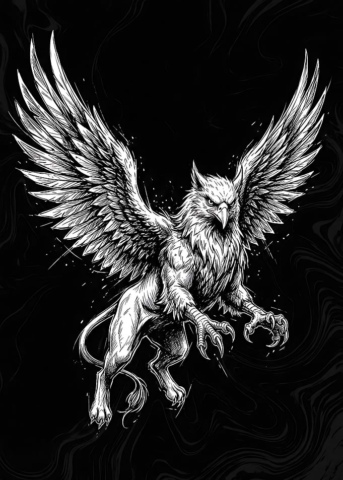 Intricate Black and White Griffin Illustration