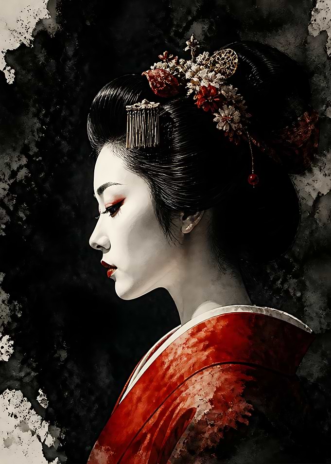 Elegant Geisha Portrait in Watercolor