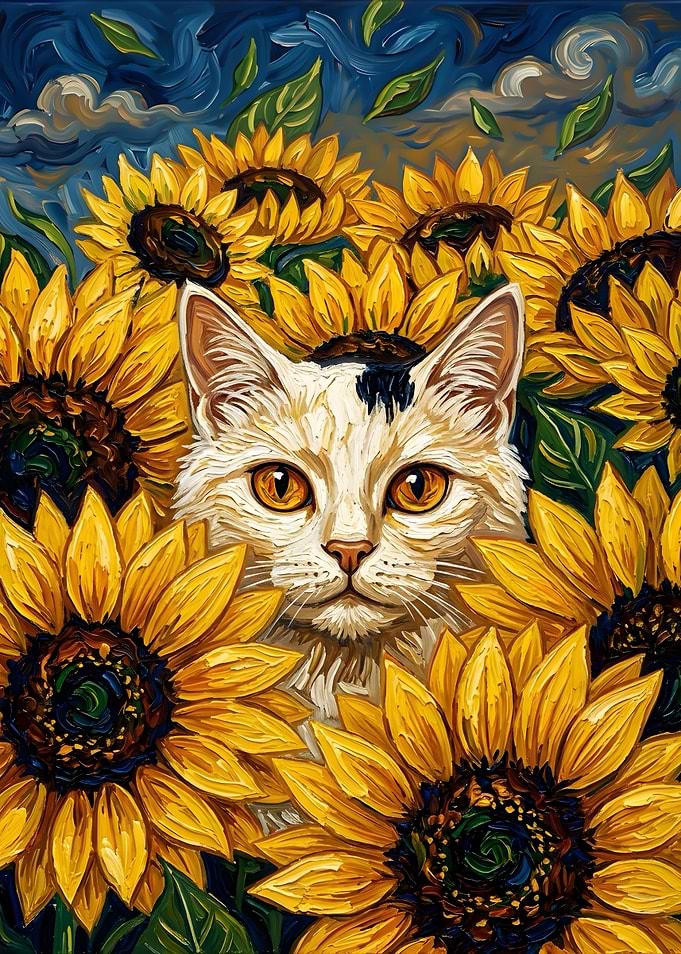 Cat Peeking Through Vibrant Sunflowers