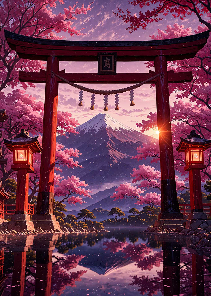 Torii Gate and Mount Fuji Sakura Cherry Blossom Japan