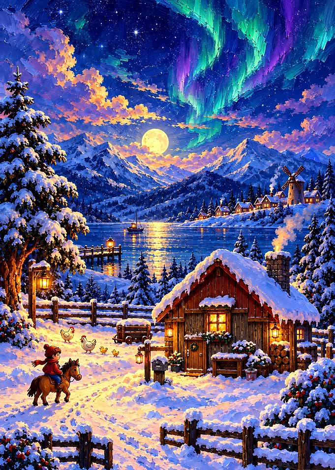 Stardew Valley Winter Cabin Under Northern Lights