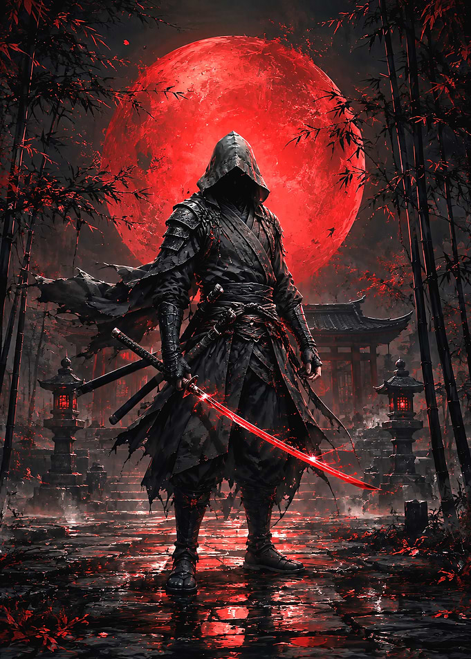 Hooded Ninja with Glowing Red Katana