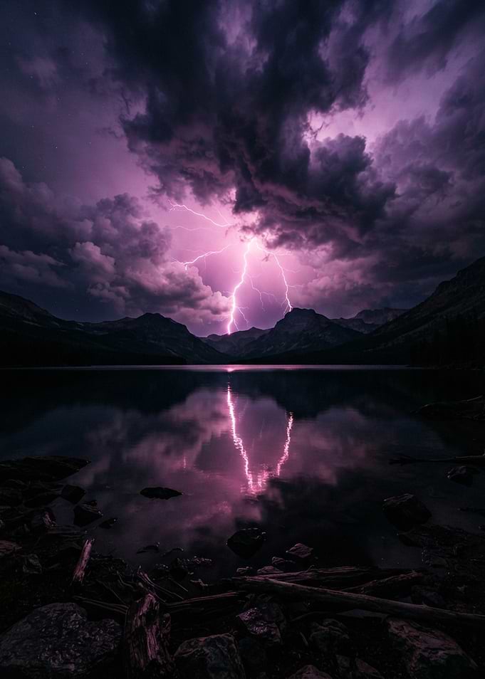 Purple Lightning Over Mountain Lake