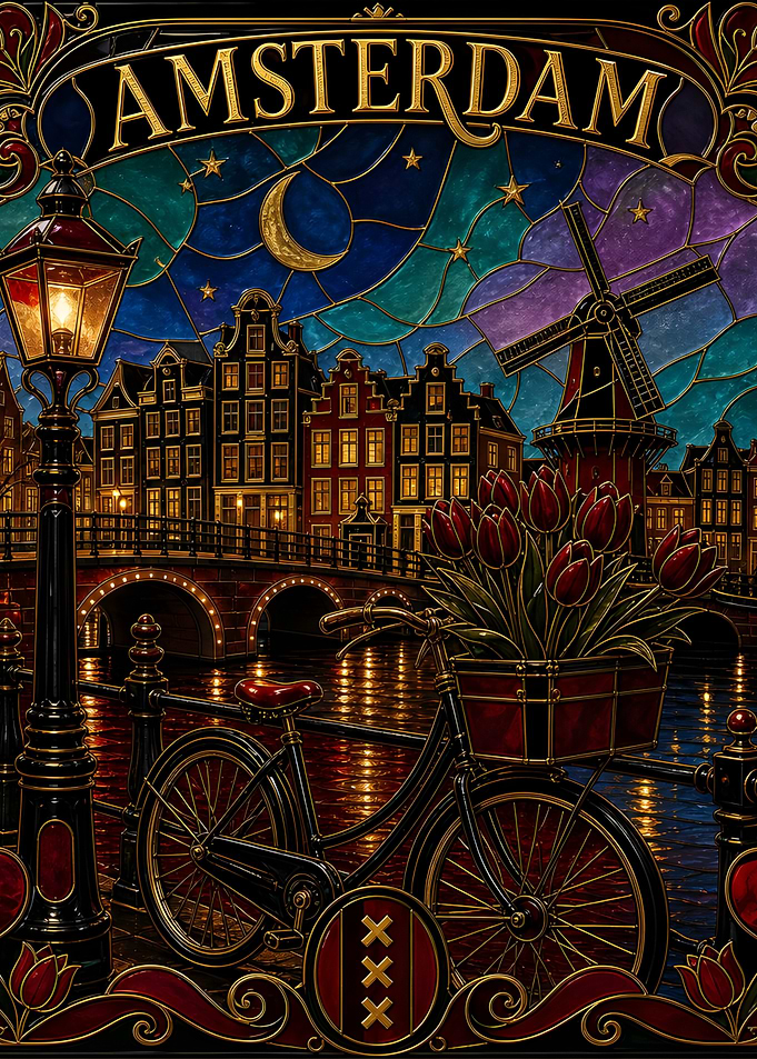 Stained Glass Amsterdam Night Scene
