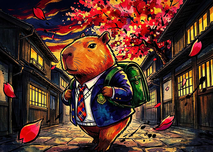 Capybara Student Walking in Japan