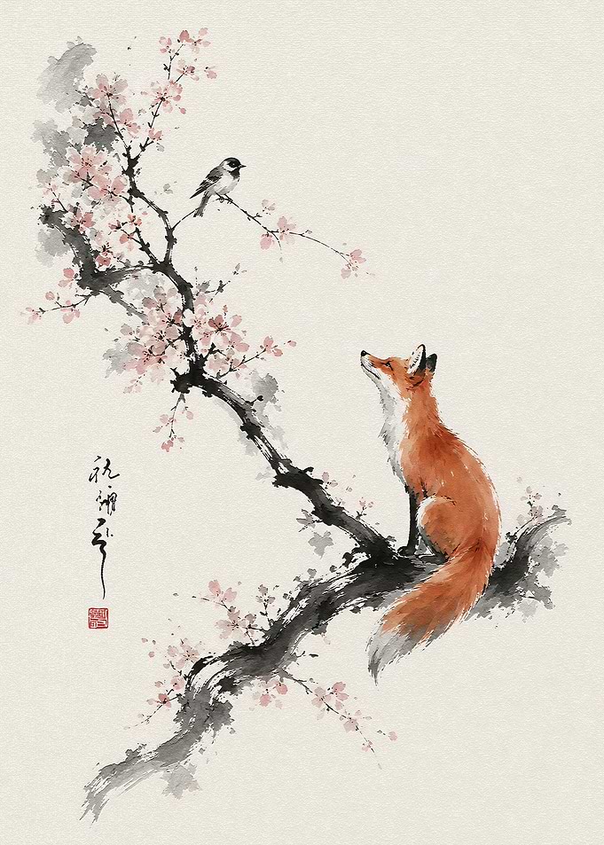 Fox and Bird in Cherry Blossoms