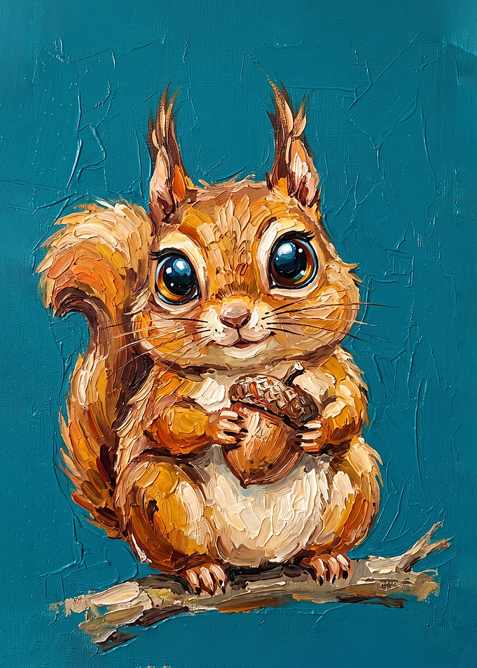 Cute Squirrel Holding Acorn Oil Painting