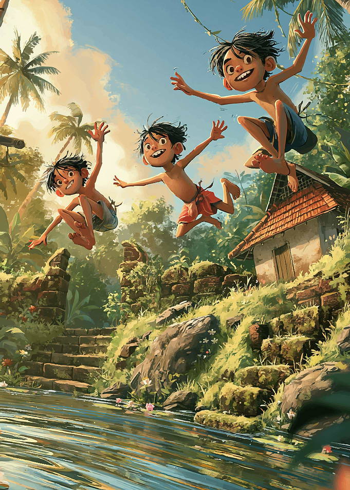 Three Boys Jumping Into Tropical River