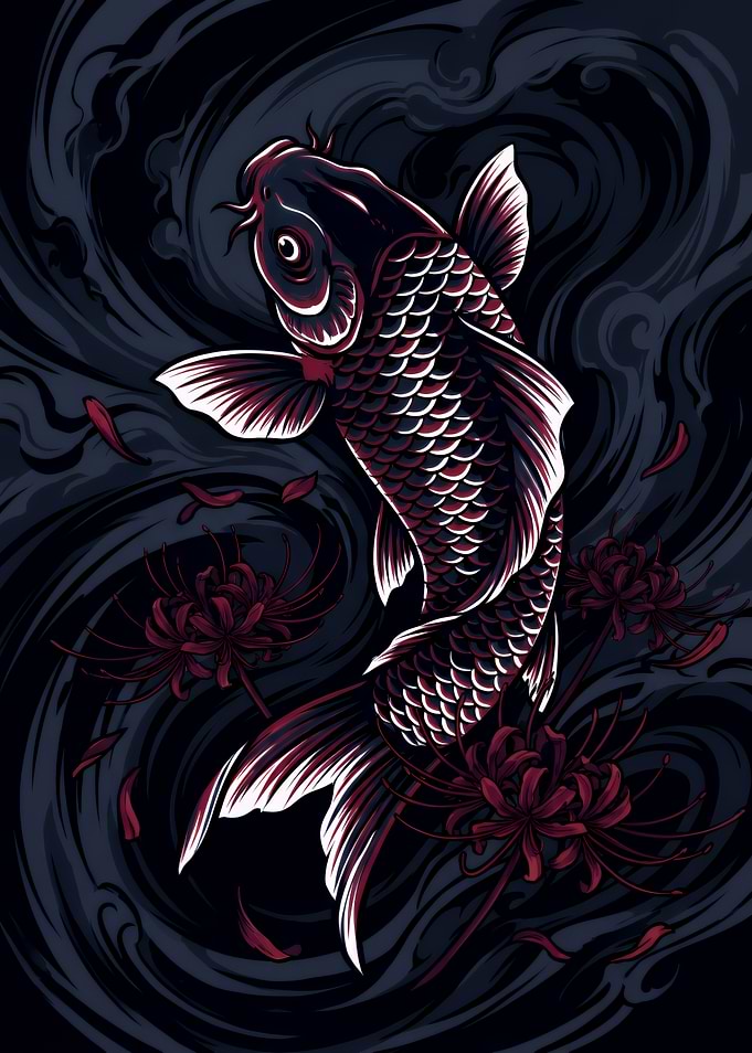 Dark Koi Fish with Spider Lilies