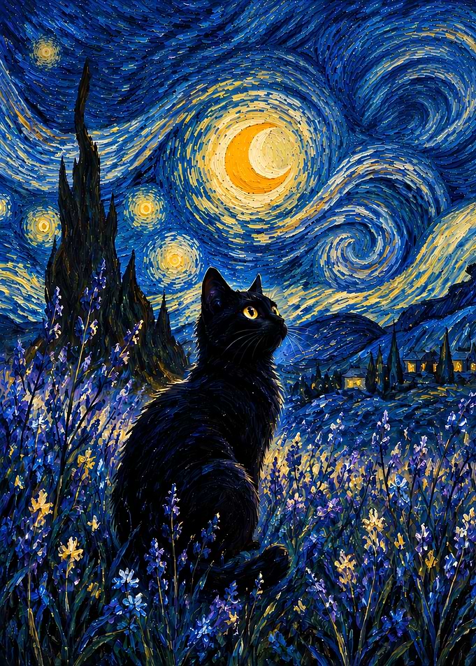 Black Cat in Starry Night Field