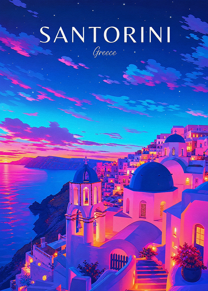 Santorini Greece Sunset Travel Poster