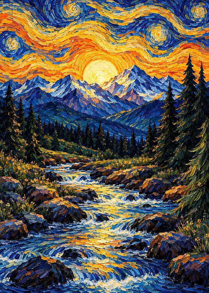 Starry Mountain River Landscape Painting