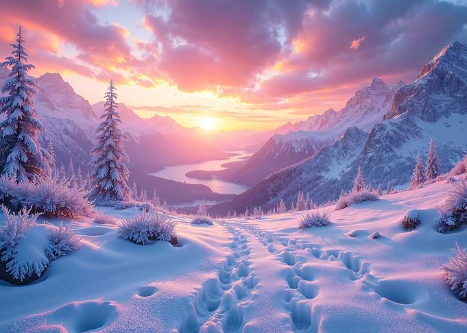 Snowy Mountain Sunset Landscape