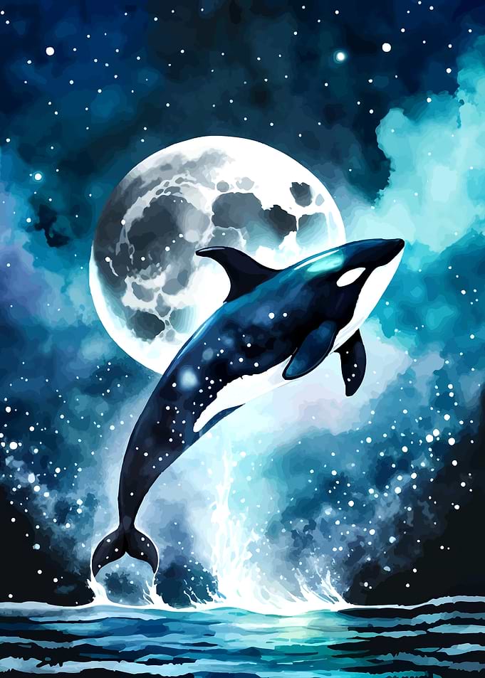 Orca Leaping Under Full Moon