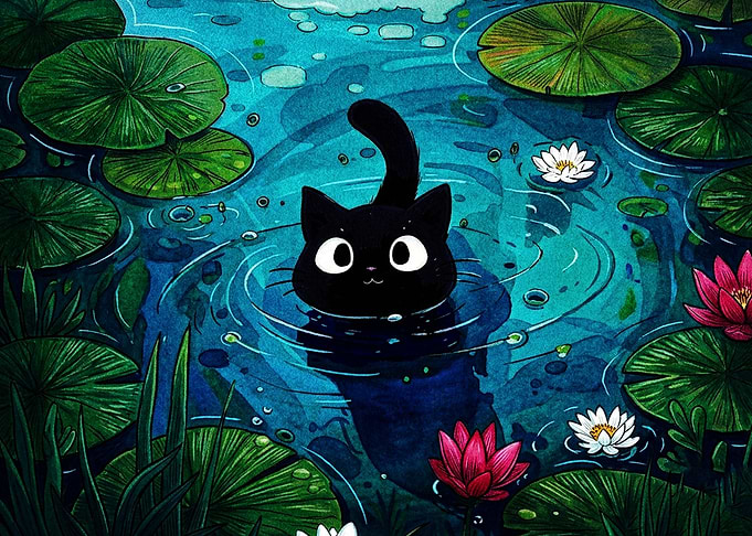 Cute Black Cat in Pond