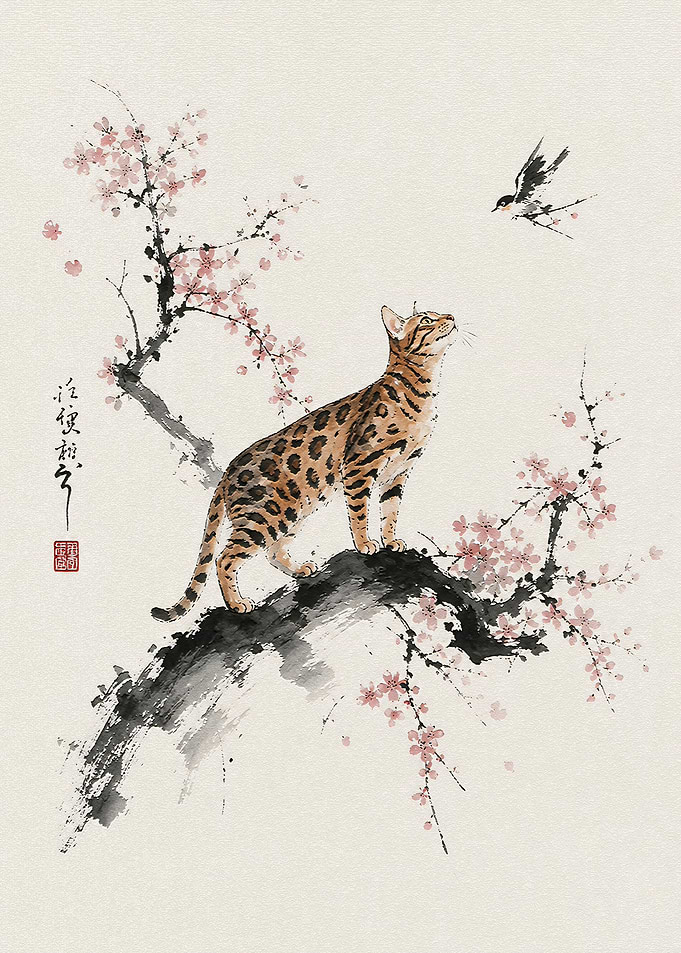 Bengal Cat and Bird Ink Painting