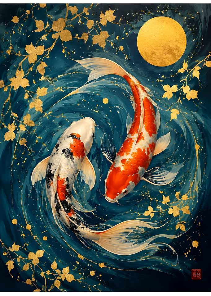 Koi Fish and Golden Moon Art