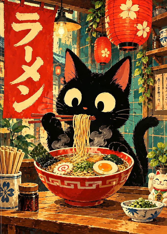 Black Cat Eating Ramen Illustration